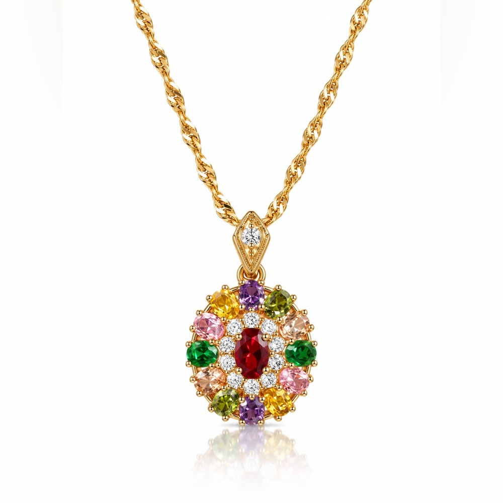 Multicolor Gemstone Oval Pendant Necklace - Gold Tone